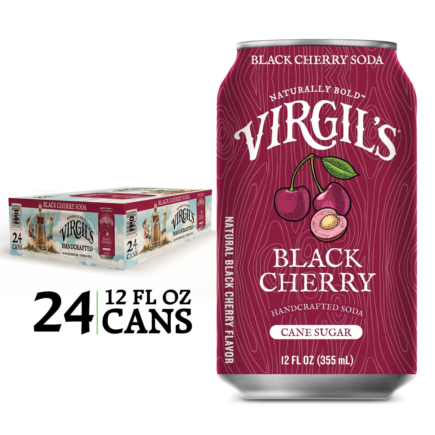 Virgil's Black Cherry Soda pack with 24 cans, with a single magenta can displayed next to it.