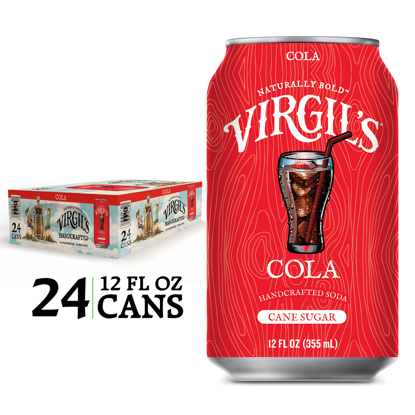 Virgil's Cola Soda pack with 24 cans, with a single red can displayed next to it.