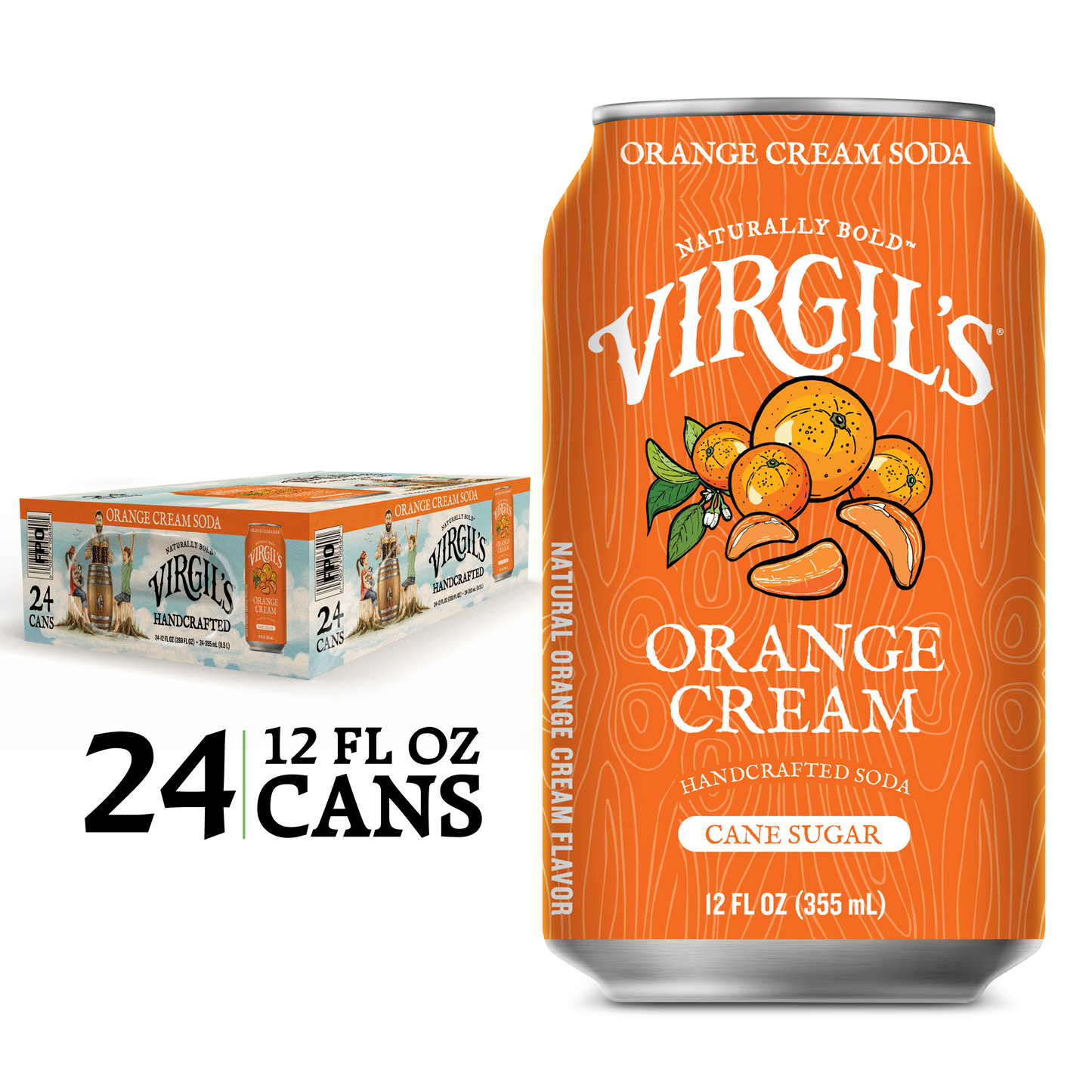 Virgil's Orange Cream Soda 24 pack, with a single orange can displayed next to it.