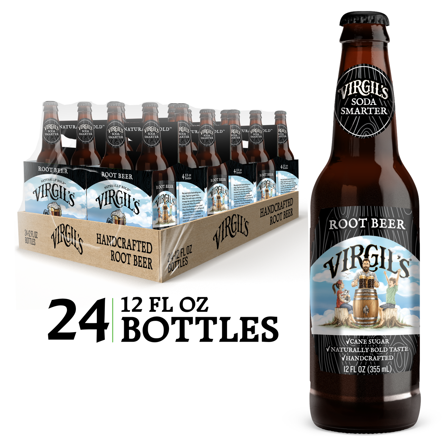 Virgil's Root Beer pack with 24 glass bottles, with a single bottle displayed next to it.