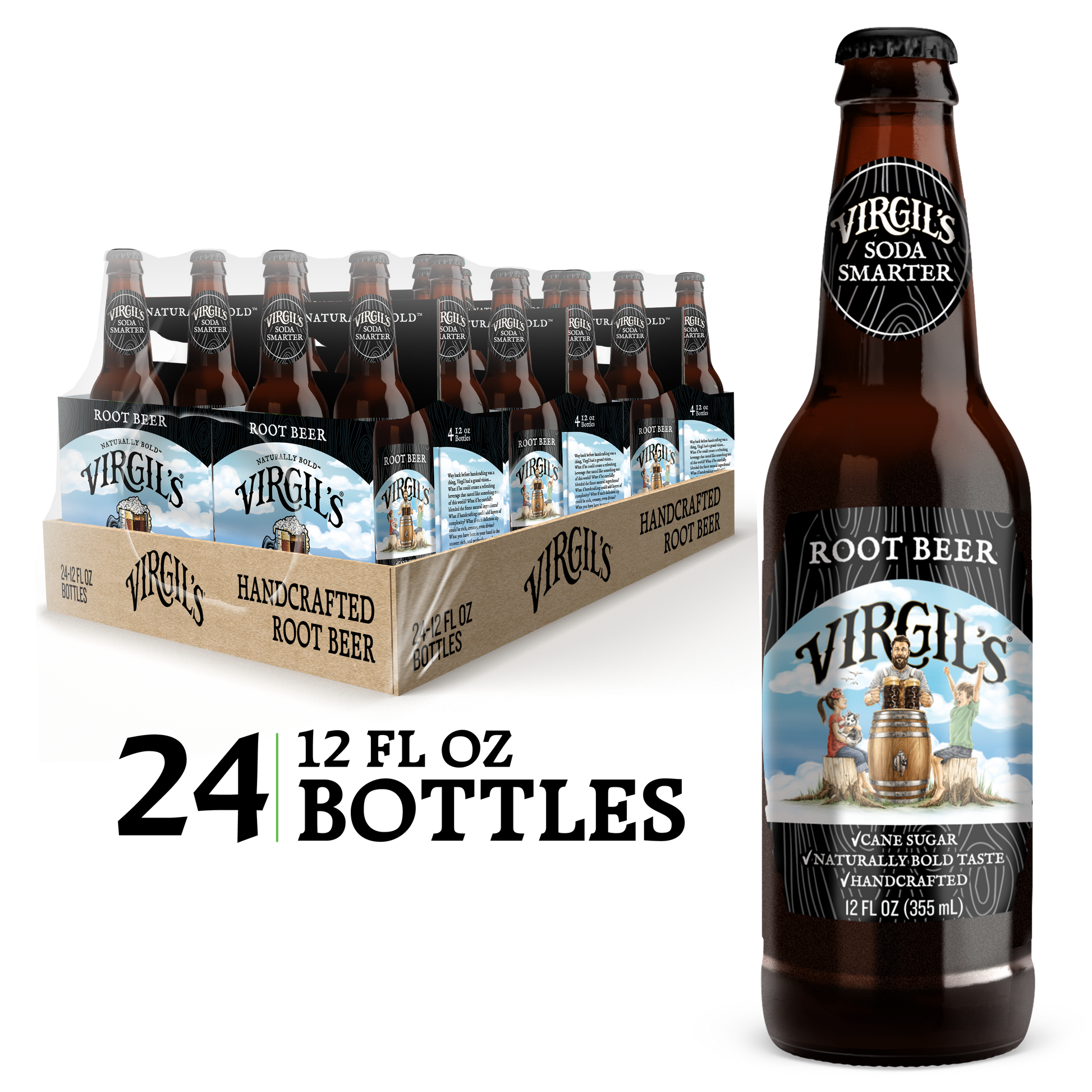 Virgil's Root Beer pack with 24 glass bottles, with a single bottle displayed next to it.