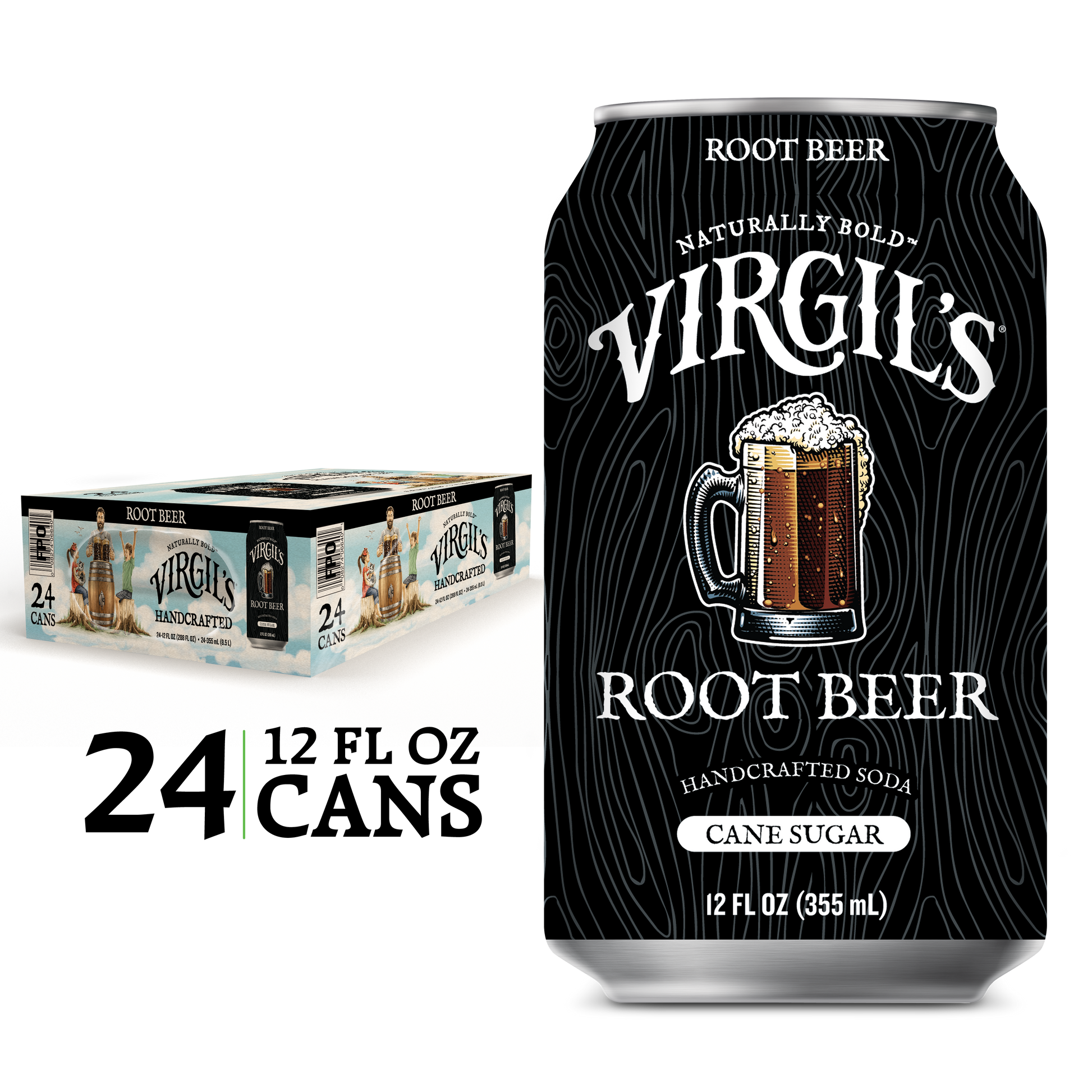 Virgil's Root Beer 24 pack with a single black can displayed next to it.