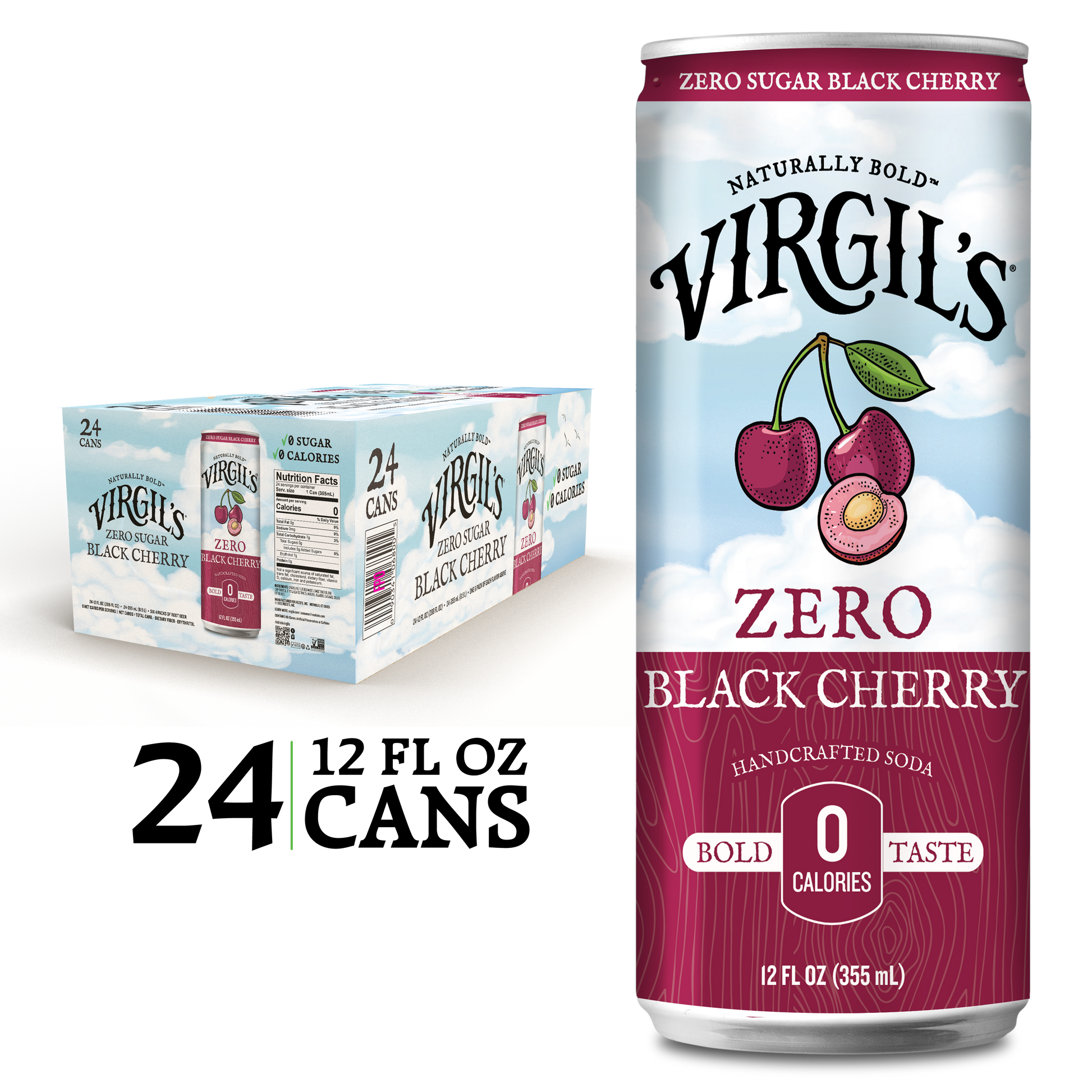 Virgil's Zero Sugar Black Cherry Soda pack with 24 slim cans, with a single slim can displayed next to it.