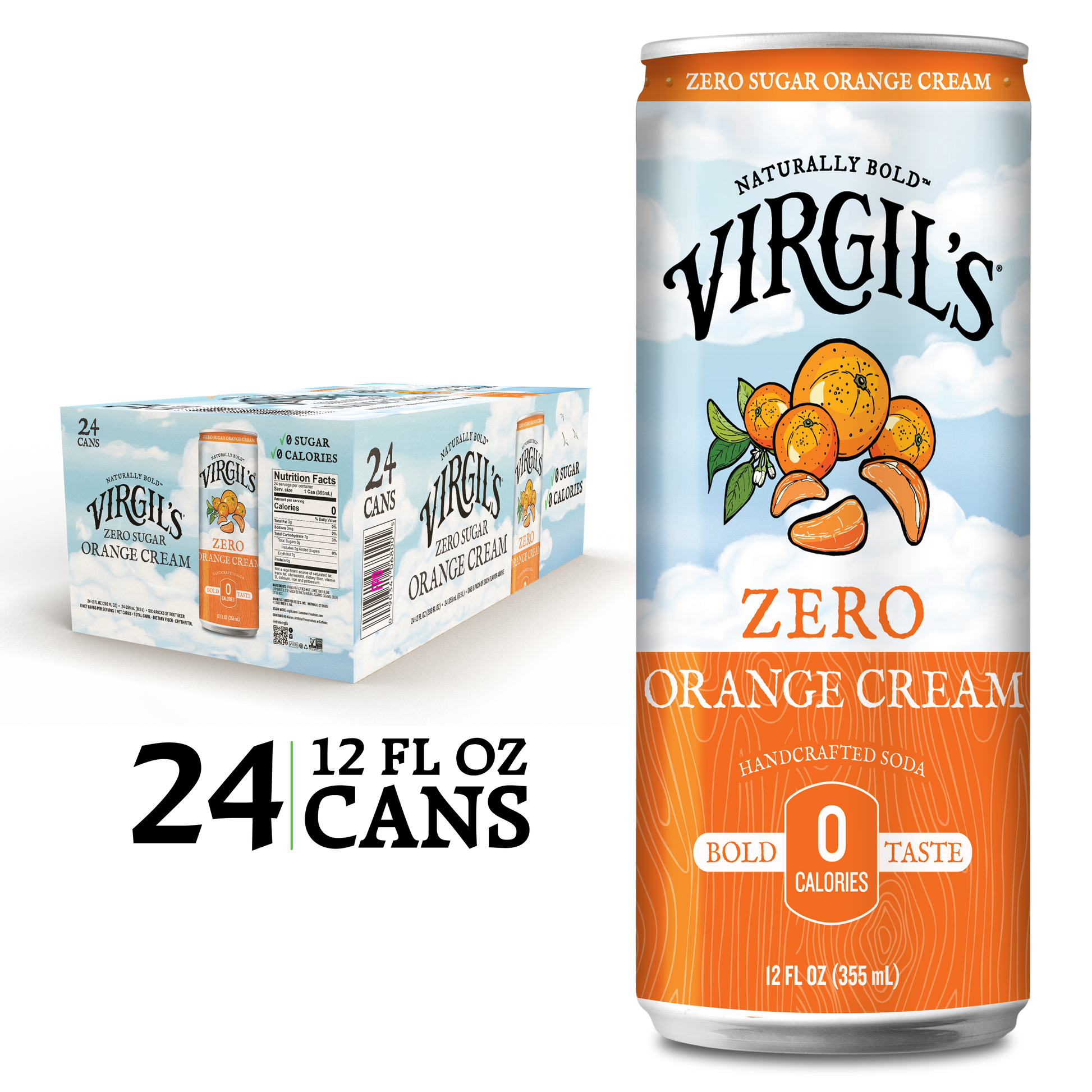 Virgil's Zero Sugar Orange Cream Soda pack with 24 slim cans, with a single slim can displayed next to it.