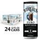 Virgil's Zero Sugar Root Beer 24 pack, with a slim blue and black soda can displayed next to it.