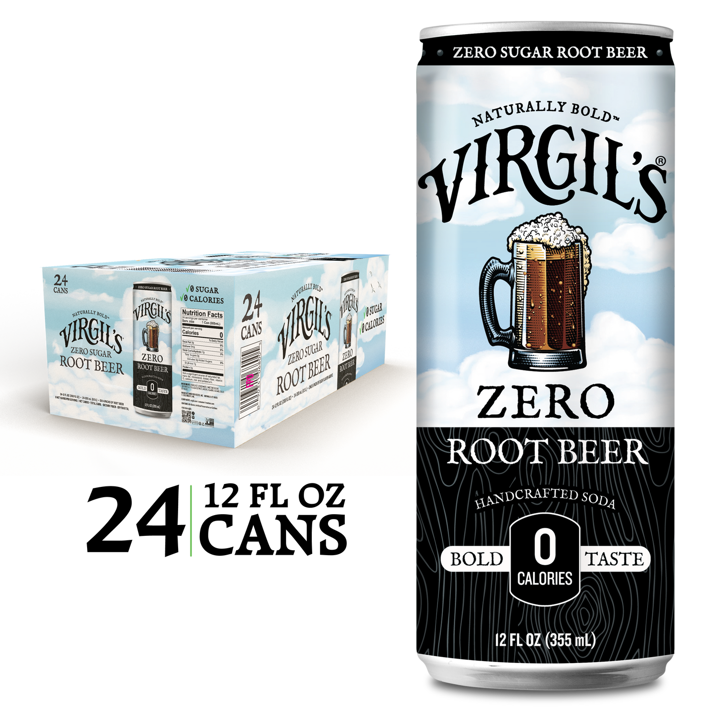 Virgil's Zero Sugar Root Beer 24 pack, with a slim blue and black soda can displayed next to it.