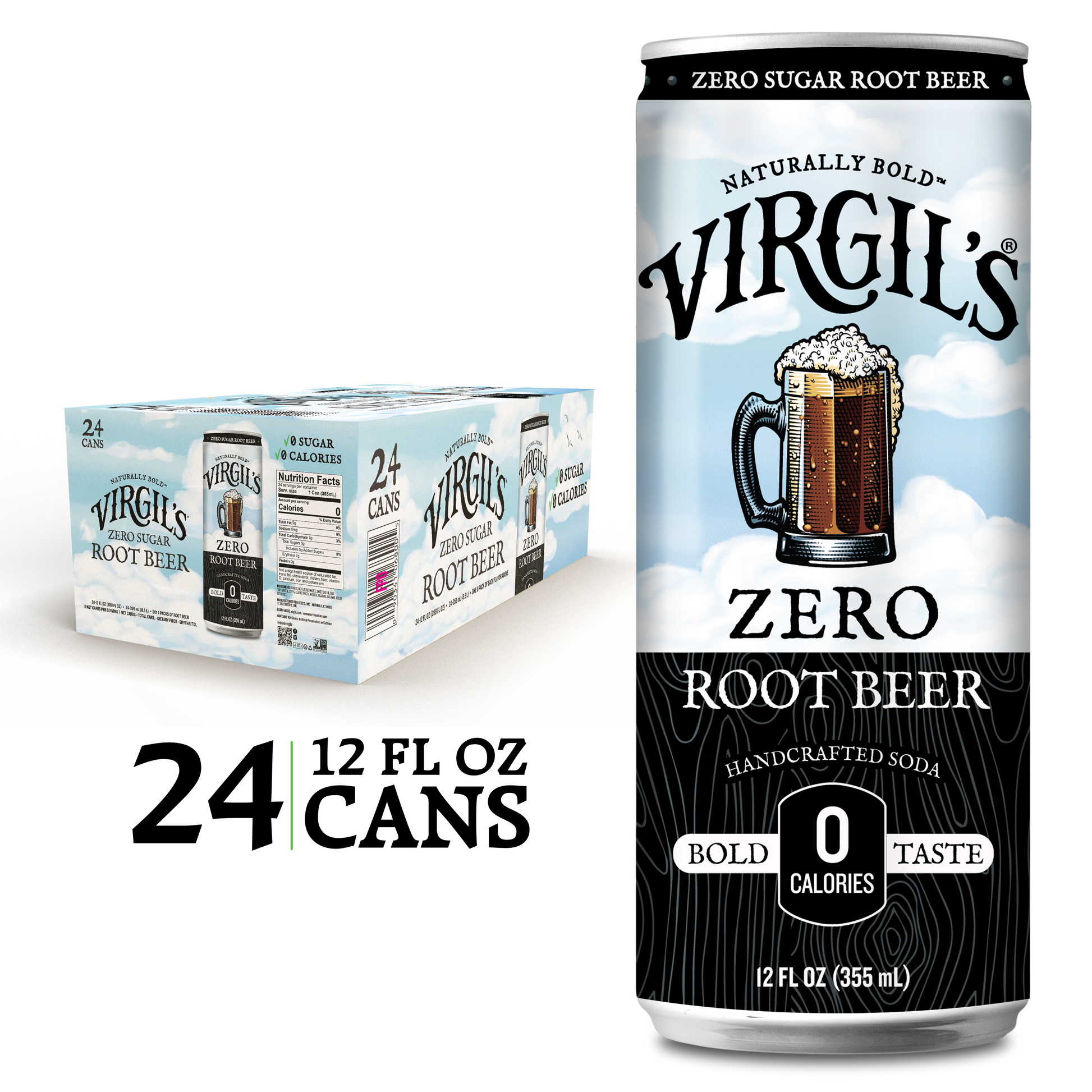 Virgil's Zero Sugar Root Beer 24 pack, with a slim blue and black soda can displayed next to it.