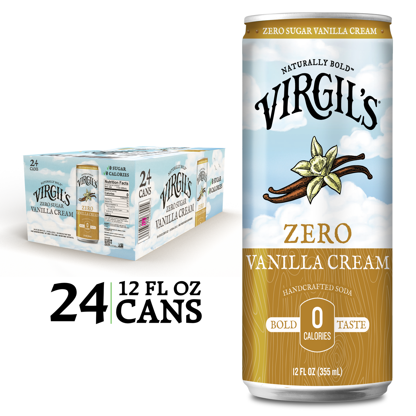 Virgil's Zero Sugar Vanilla Cream Soda pack with 24 slim cans, with a single slim can displayed next to it.