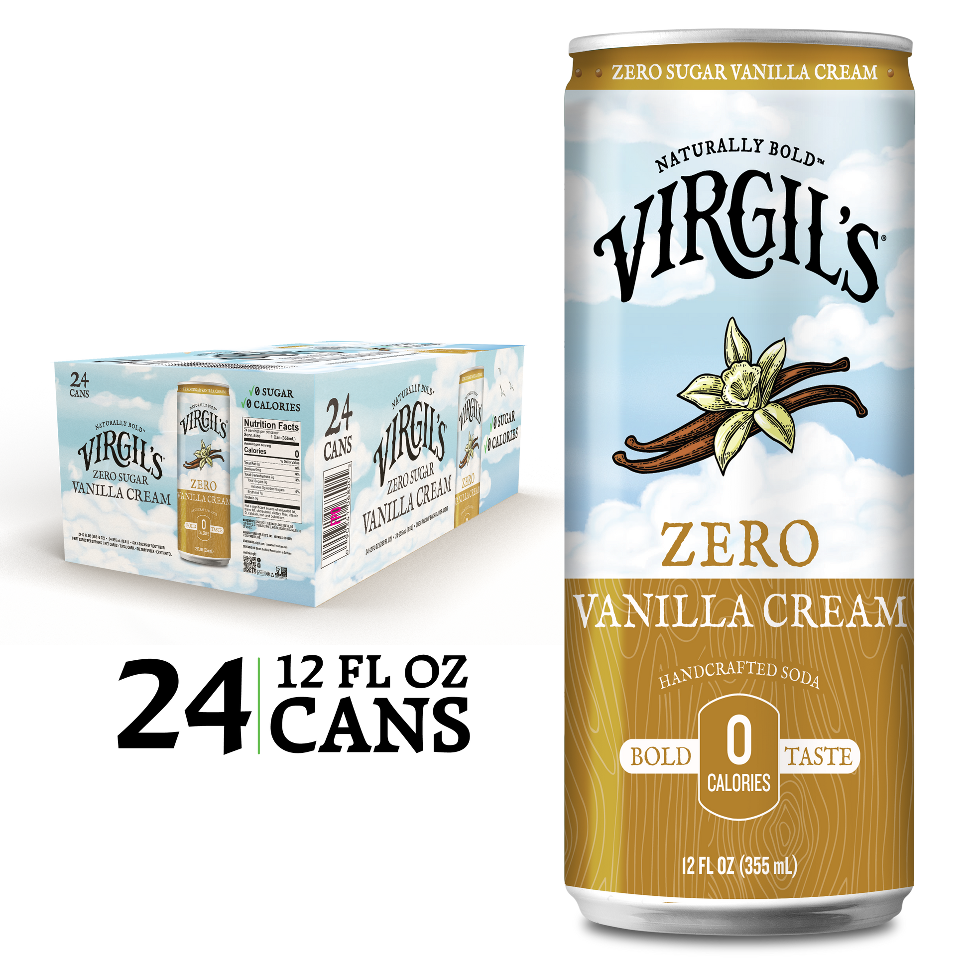 Virgil's Zero Sugar Vanilla Cream Soda pack with 24 slim cans, with a single slim can displayed next to it.