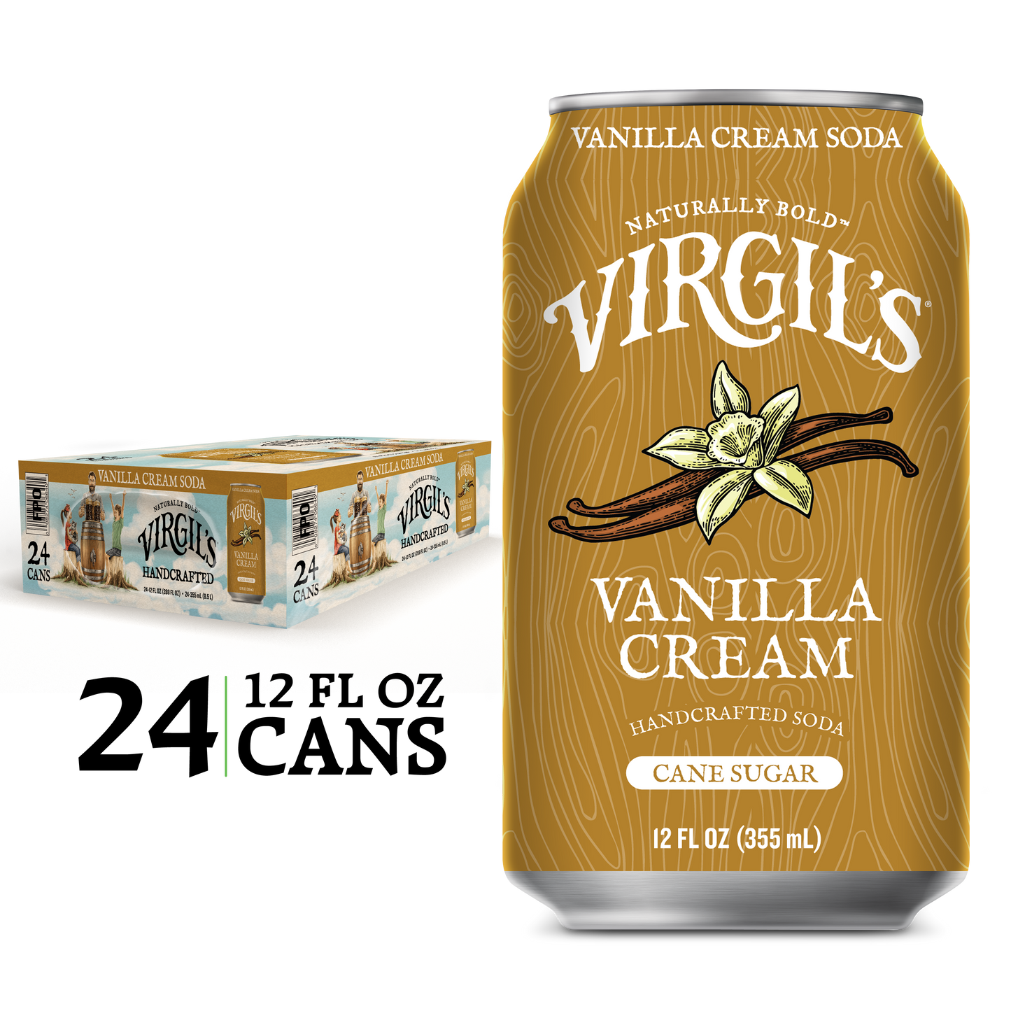 Virgil's Vanilla Cream Soda, with a single brown can displayed next to it.