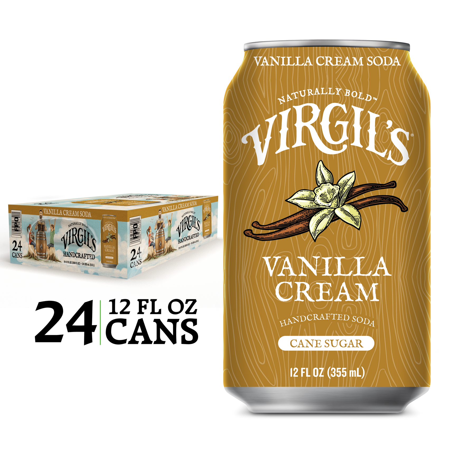 Virgil's Vanilla Cream Soda, with a single brown can displayed next to it.